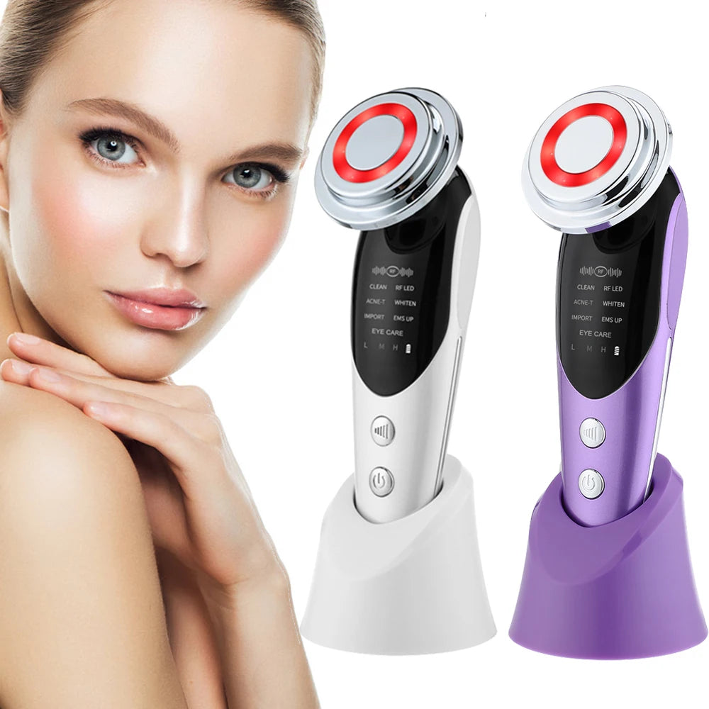 Massageador Facial RF EMS 7 em 1 Ferramentas de Cuidados