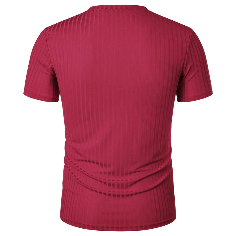 Homens Corrida Esportes Fitness Verão Novo Alto Elástico Listra Vertical Manga Curta Decote em V Slim Fit Malha Inferior Camisa Top