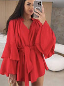 Elegante Plissado Vestido Curto Mulheres Solto Lace Up Manga Longa Flare V Neck Vestidos Feminino 2025 Primavera Oco Out Praia Robe Senhora