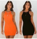 Sexy Rib Stripe Backless Sem Mangas Bodycon Vestido Mulheres Cor Sólida Magro Elegante Halter Vestido Club Party Vestidos