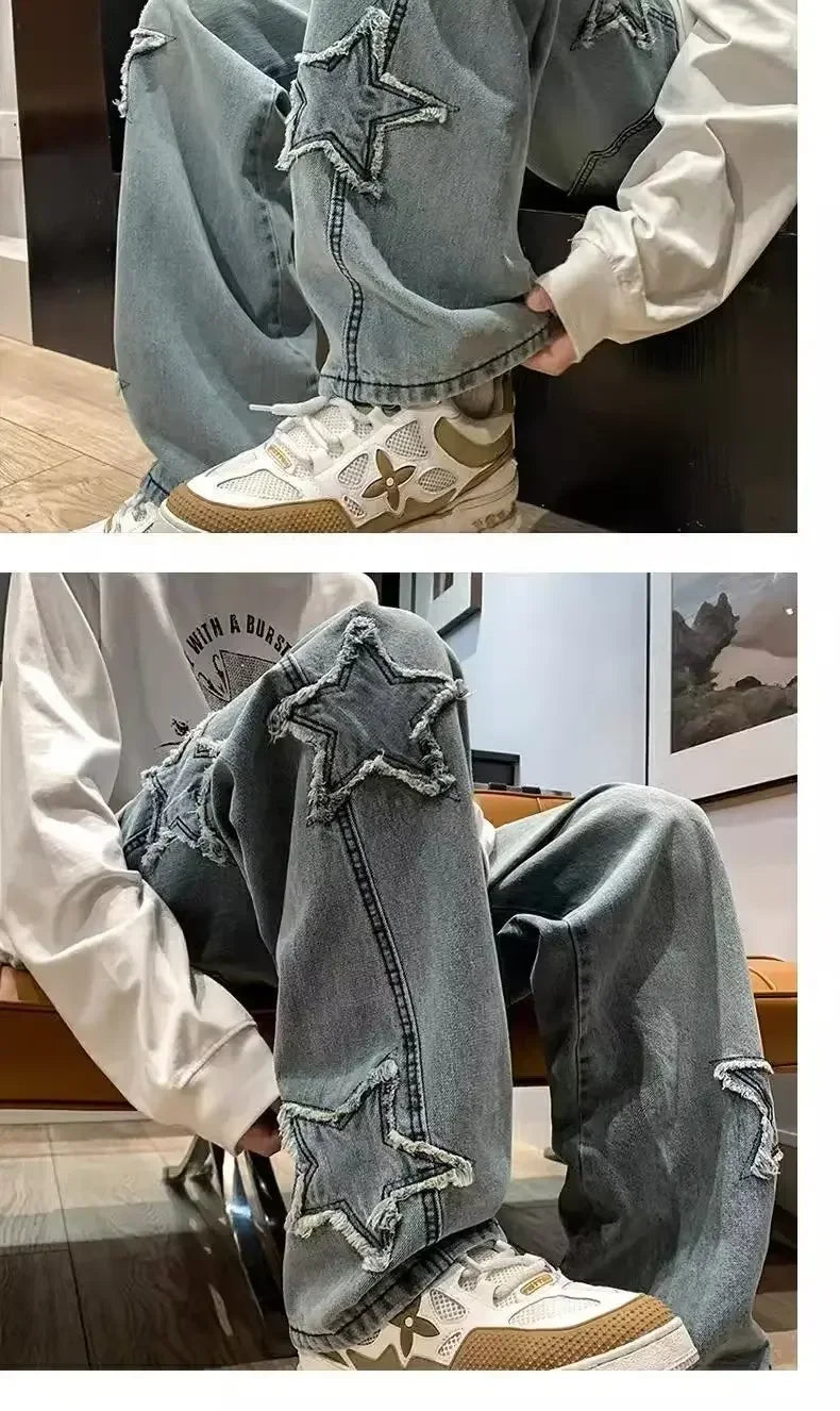 Estrelas Patchwork Homens Jeans Nova Moda Y2K Tassel Pants Coréia Roupas Em Linha Reta Hip Hop Emenda Calças Masculinas Streetwear