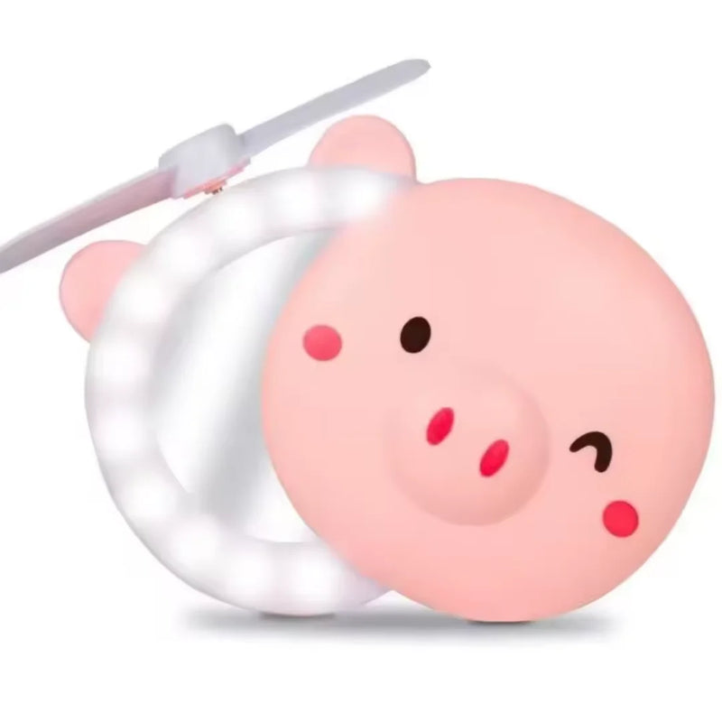 Espelho de Maquiagem com Luz de LED e Mini Ventilador Portátil em Formato de Porquinho | Design Fofo e Prático | Recarregável