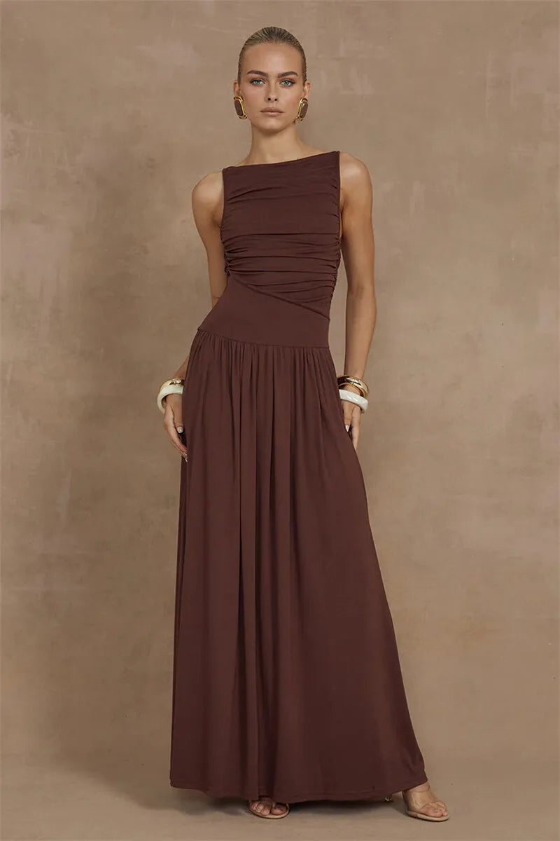 Mozision Elegante Sem Mangas Maxi Vestido Para As Mulheres Moda Sólida Barco Pescoço Tanque Vestidos Senhoras Sexy Ruched Vestido Longo Novo Vestido