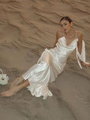 Sexy fita branca de seda cetim estilingue vestido para as mulheres elegante swing colarinho backless vestidos longos 2025 mulheres novo praia férias robe