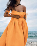 Vestido de cintura alta com suspensório respirável de algodão e linho Verão europeu e americano Novo estilo de férias saia longa para mulheres