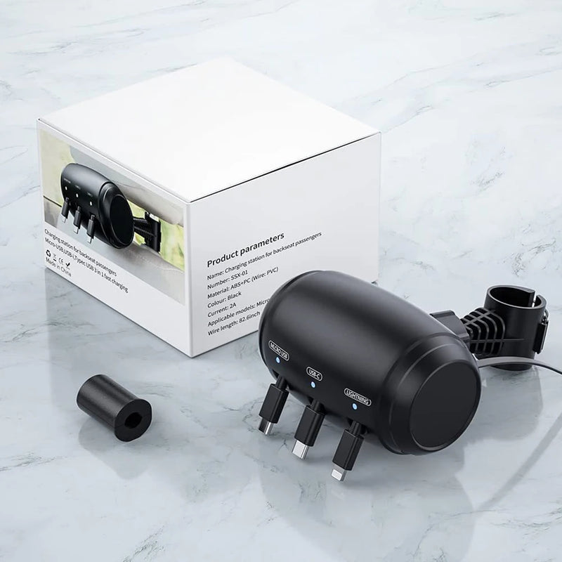 Carregador de apoio de cabeça retrátil para trás multi USB-C rápido para Android, Apple para iPhone, Samsung, acessório para notebook