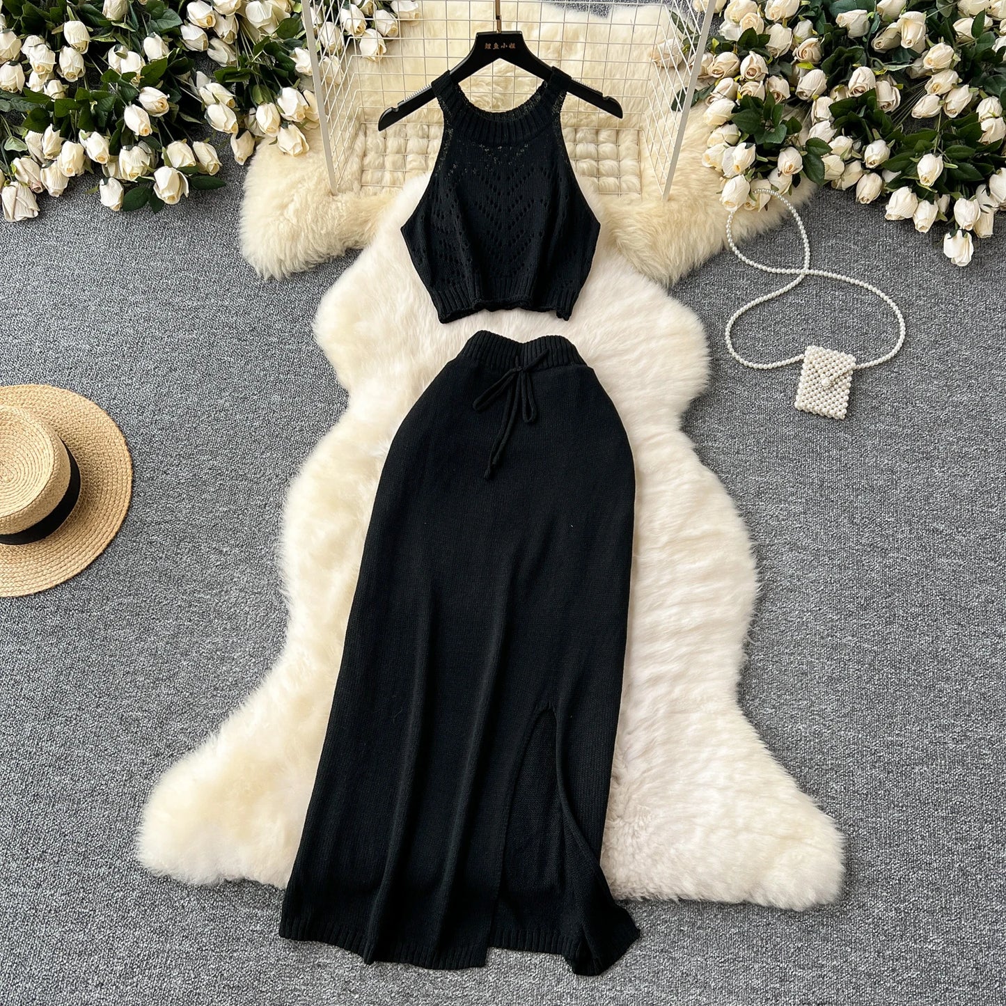 SINGREINY Verão Suave Malha 2 pcs Conjuntos Mulheres Halter Sem Mangas Camis + Bodycon Split Saia Com Cordão Oco Out Ternos De Férias