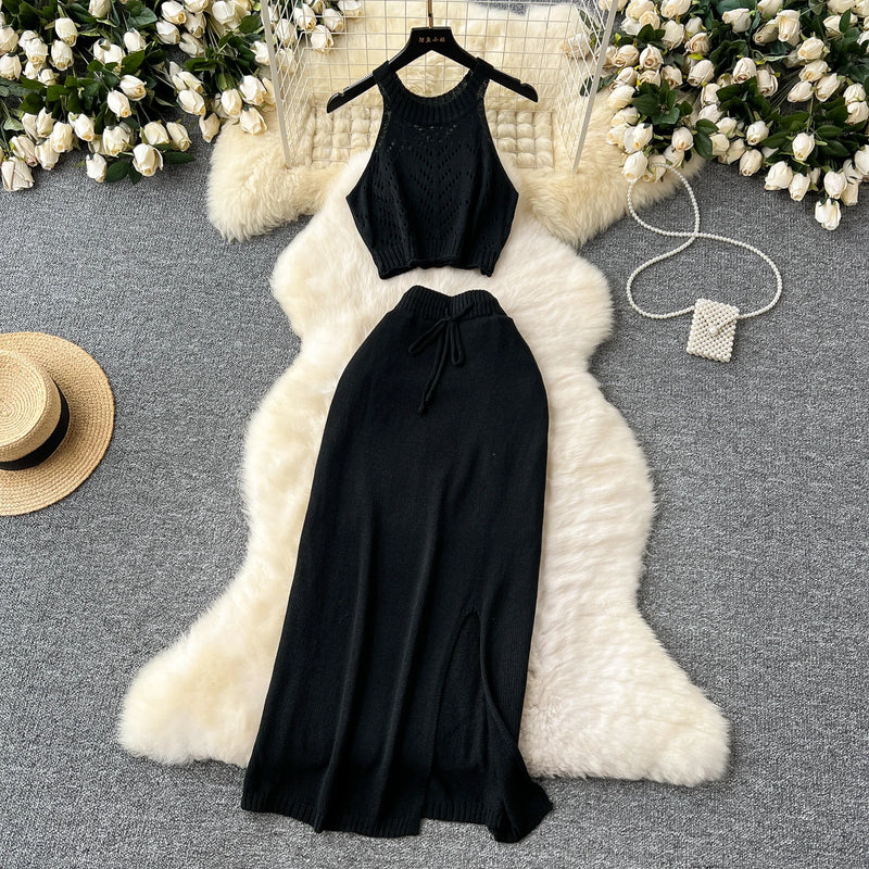 SINGREINY Verão Suave Malha 2 pcs Conjuntos Mulheres Halter Sem Mangas Camis + Bodycon Split Saia Com Cordão Oco Out Ternos De Férias