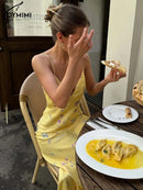 Vestido Feminino Casual Oymimi com Estampa Amarela Elegante Alças Finas Costas Abertas Moda Outono Cintura Alta Vestido de Tornozelo