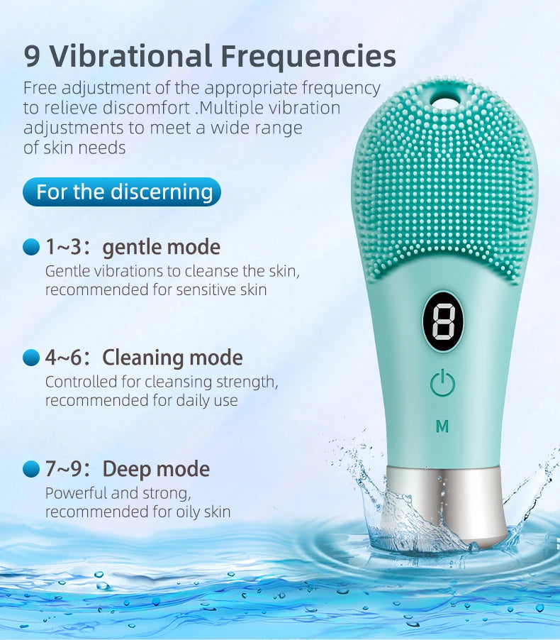 Escova Facial Ultrassônica Elétrica 9 Velocidades, Limpador de Pele Sônica com Vibração de Alta Frequência, Rosto de Silicone Recarregável