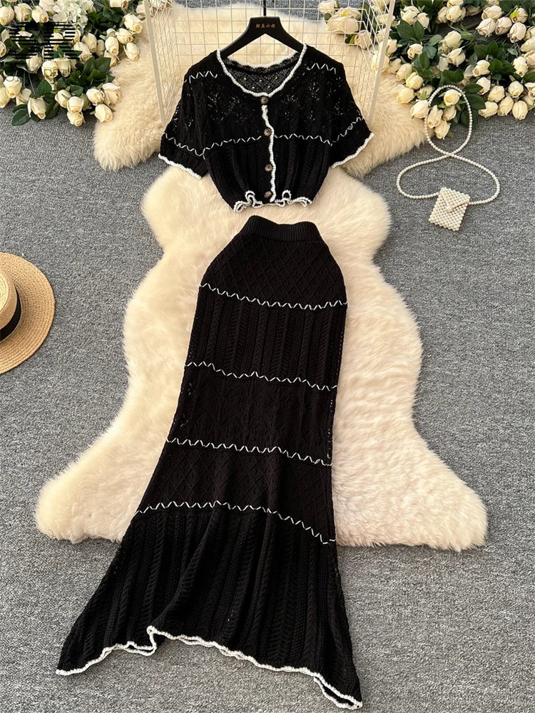 SINGREINY Verão Suave Ternos de Tricô Mulheres Botão Design Manga Curta O Pescoço Tops + Bodycon Saia Gancho Flor Oco 2pcs Set