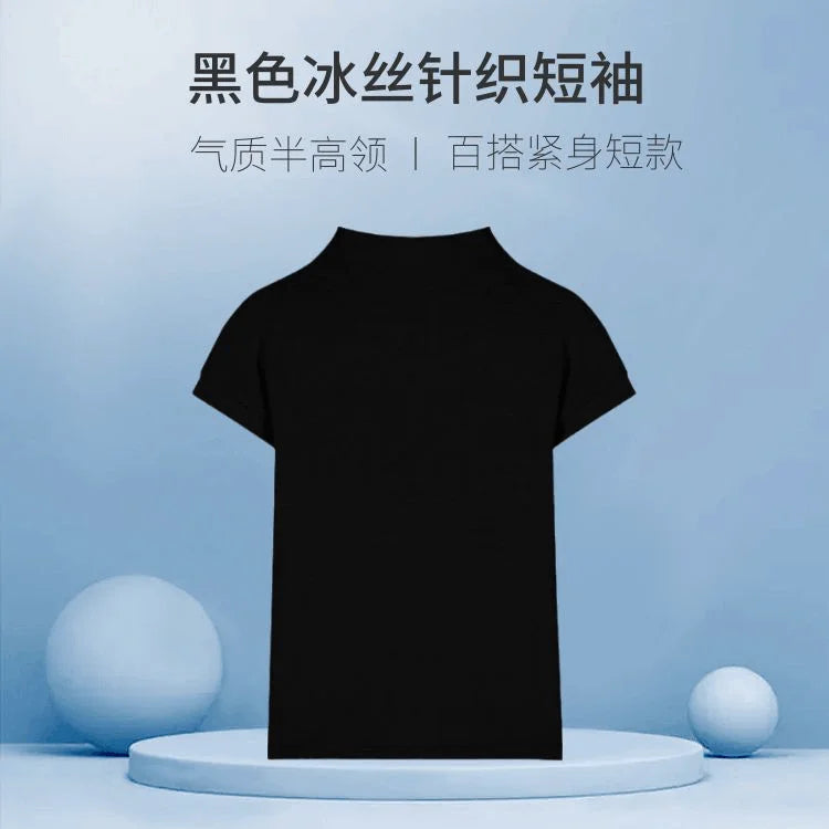 100% Tencel gola alta Francês manga curta feminina 2025 nova pequena mosca manga T-shirt slim fit e emagrecimento, internet famosa base