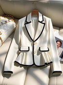 Blazers Elegantes Franceses Gola Entalhada Manga Comprida Babados Contraste Cor Casacos Primavera Outono Feminino Slim Design Roupas Femininas