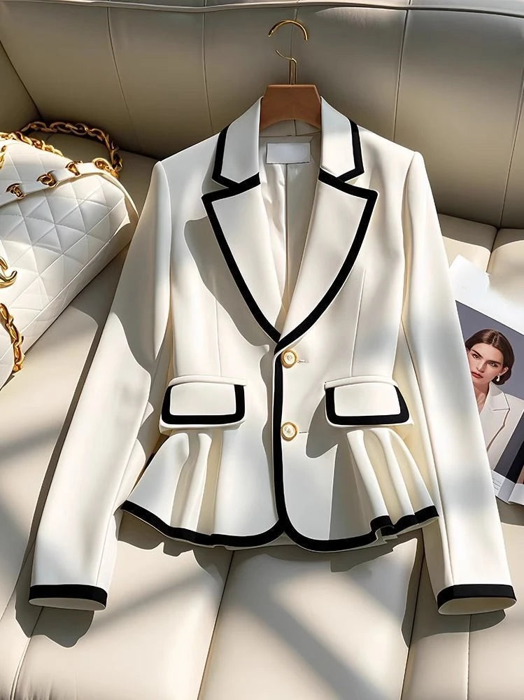Blazers Elegantes Franceses Gola Entalhada Manga Comprida Babados Contraste Cor Casacos Primavera Outono Feminino Slim Design Roupas Femininas