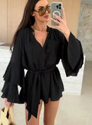 Elegante Plissado Vestido Curto Mulheres Solto Lace Up Manga Longa Flare V Neck Vestidos Feminino 2025 Primavera Oco Out Praia Robe Senhora