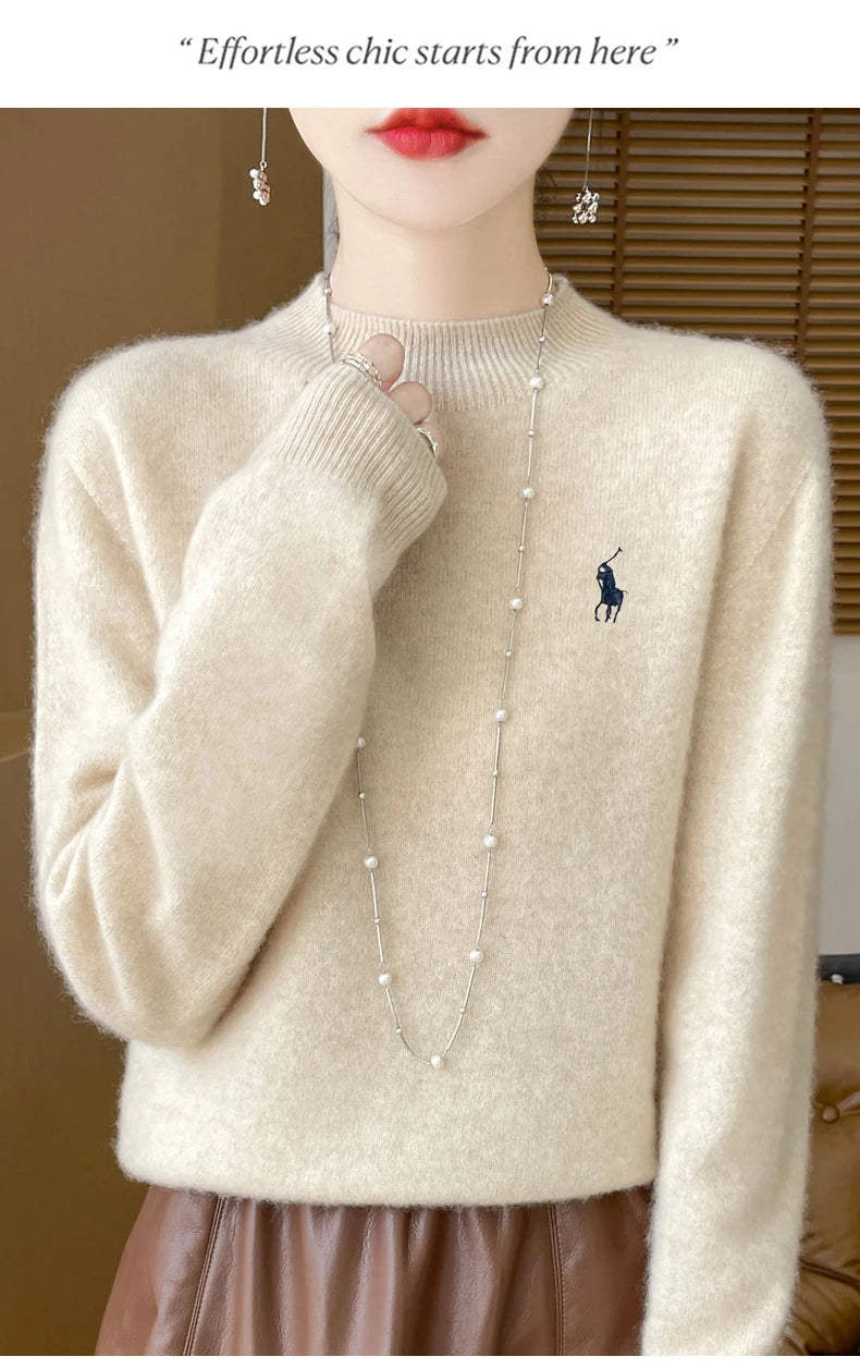 2025 Outono/Inverno Feminino Novo Moletom Com Capuz De Caxemira Elegante Bordado Meio Alto Gola Macia Caxemira Explosiva100% Lã Australiana