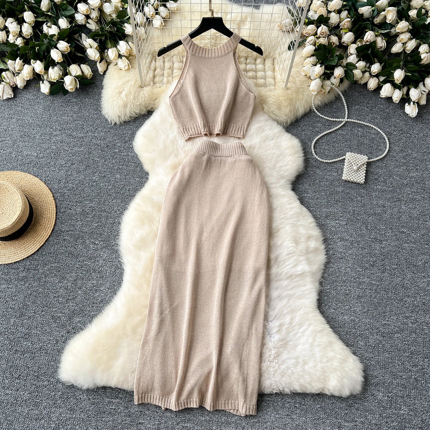 SINGREINY Verão Suave Malha 2 pcs Conjuntos Mulheres Halter Sem Mangas Camis + Bodycon Split Saia Com Cordão Oco Out Ternos De Férias