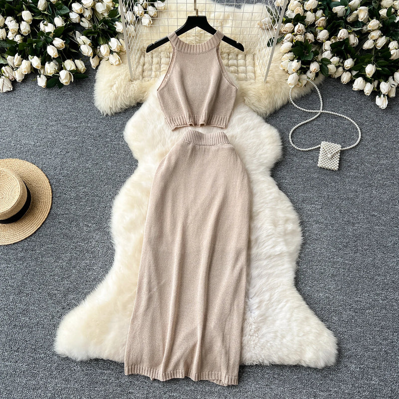 SINGREINY Verão Suave Malha 2 pcs Conjuntos Mulheres Halter Sem Mangas Camis + Bodycon Split Saia Com Cordão Oco Out Ternos De Férias