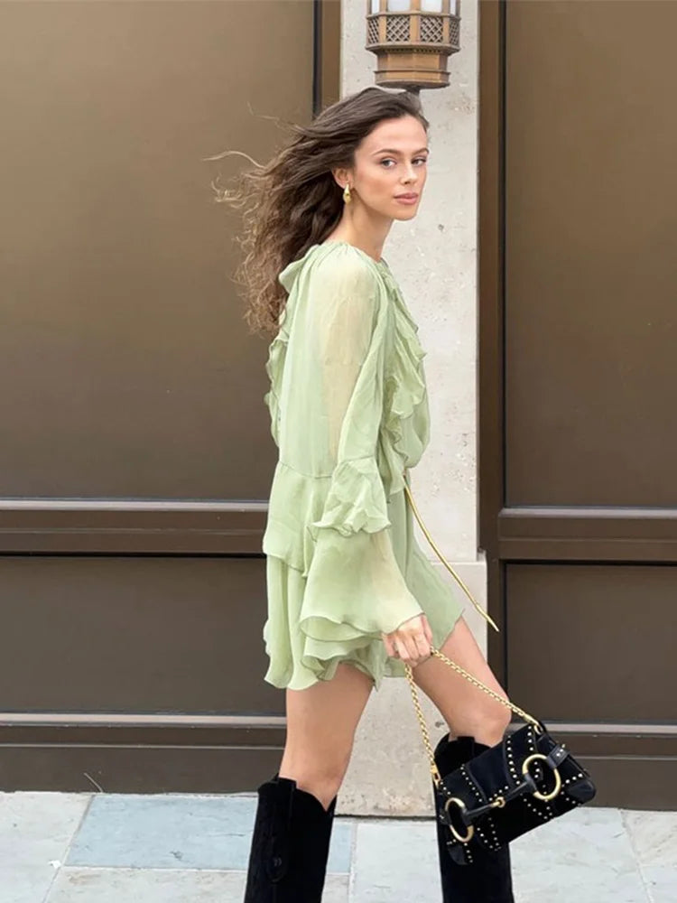 Mulheres elegantes verde irregular babados soltos mini vestido moda o pescoço manga cheia vestidos curtos primavera verão chique vestidos de senhora