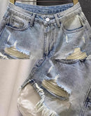 2025 Novas Mulheres Cintura Alta Buracos de cor clara Projetado Shorts Jeans Femininos em forma de A Jeans rasgados s-xl rosa azul