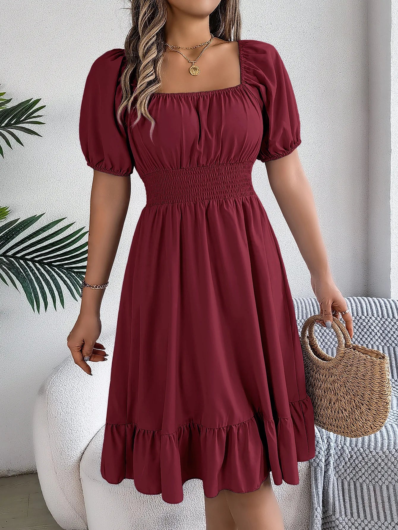 Mulheres Vestidos Pequenos 2024 Verão Casual Decote Quadrado Manga Curta Cintura Vestido de Borda com Babado Mulheres Elegante