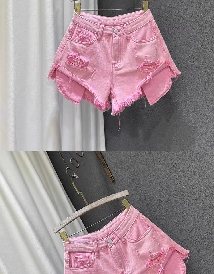 2025 Novas Mulheres Cintura Alta Buracos de cor clara Projetado Shorts Jeans Femininos em forma de A Jeans rasgados s-xl rosa azul