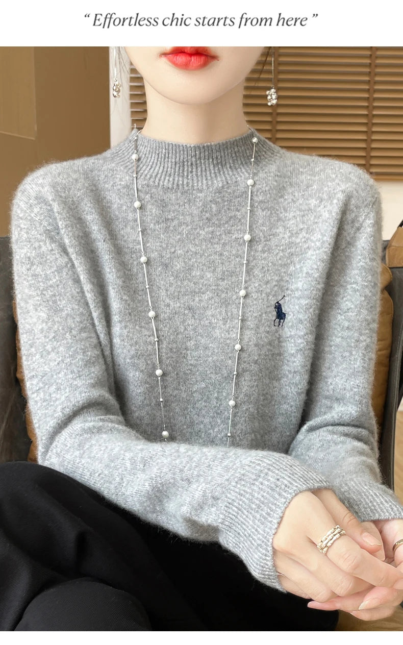 2025 Outono/Inverno Feminino Novo Moletom Com Capuz De Caxemira Elegante Bordado Meio Alto Gola Macia Caxemira Explosiva100% Lã Australiana