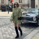 Mulheres elegantes verde irregular babados soltos mini vestido moda o pescoço manga cheia vestidos curtos primavera verão chique vestidos de senhora