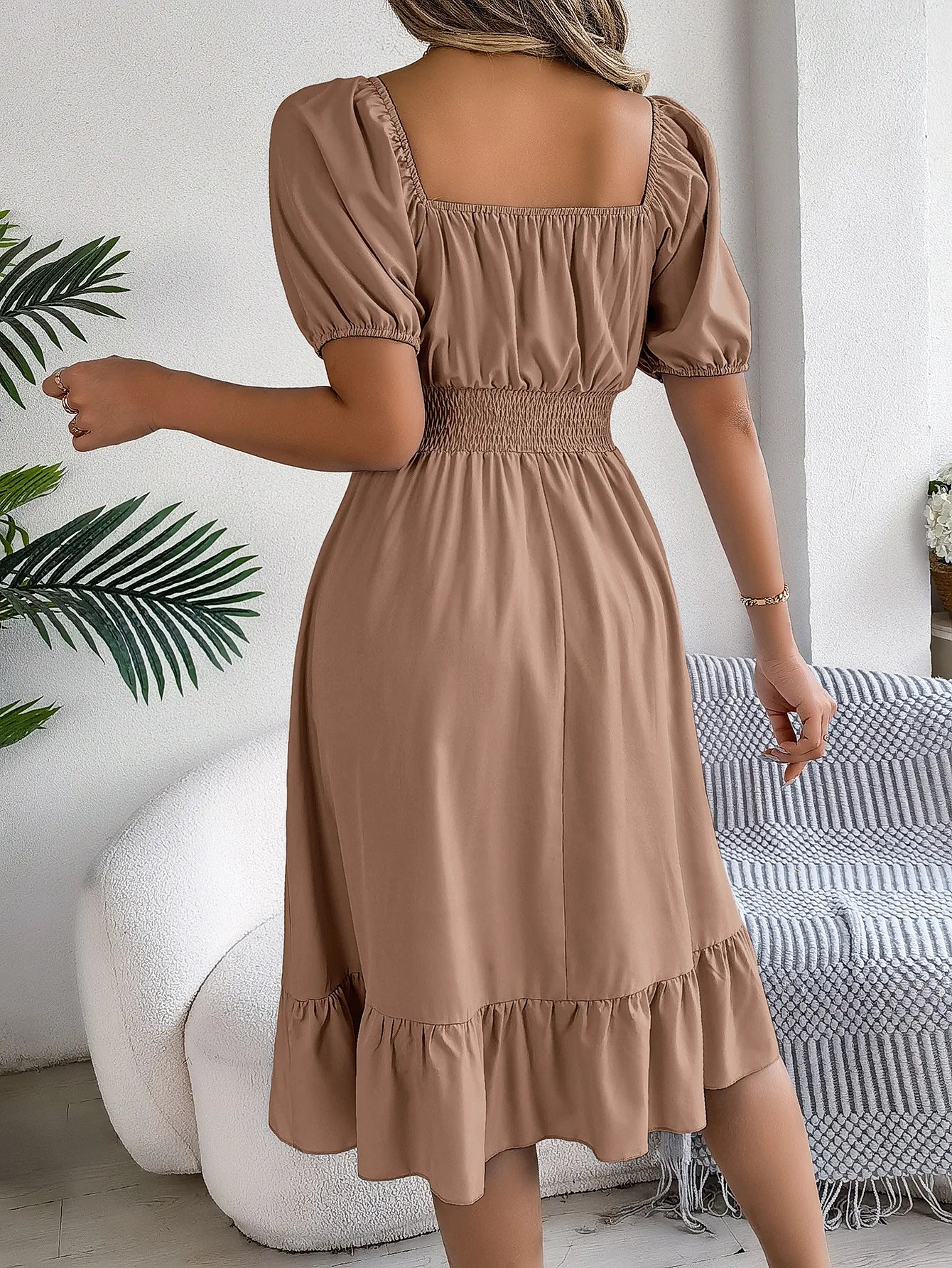 Mulheres Vestidos Pequenos 2024 Verão Casual Decote Quadrado Manga Curta Cintura Vestido de Borda com Babado Mulheres Elegante
