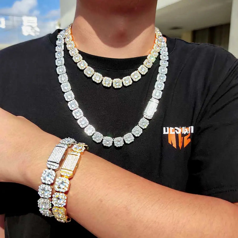 10 / 12MM Clustered Tennis Chain para Homens Colar Hip Hop Iced Out Zircônia Latão Rapper Rock Gargantilha Jóias