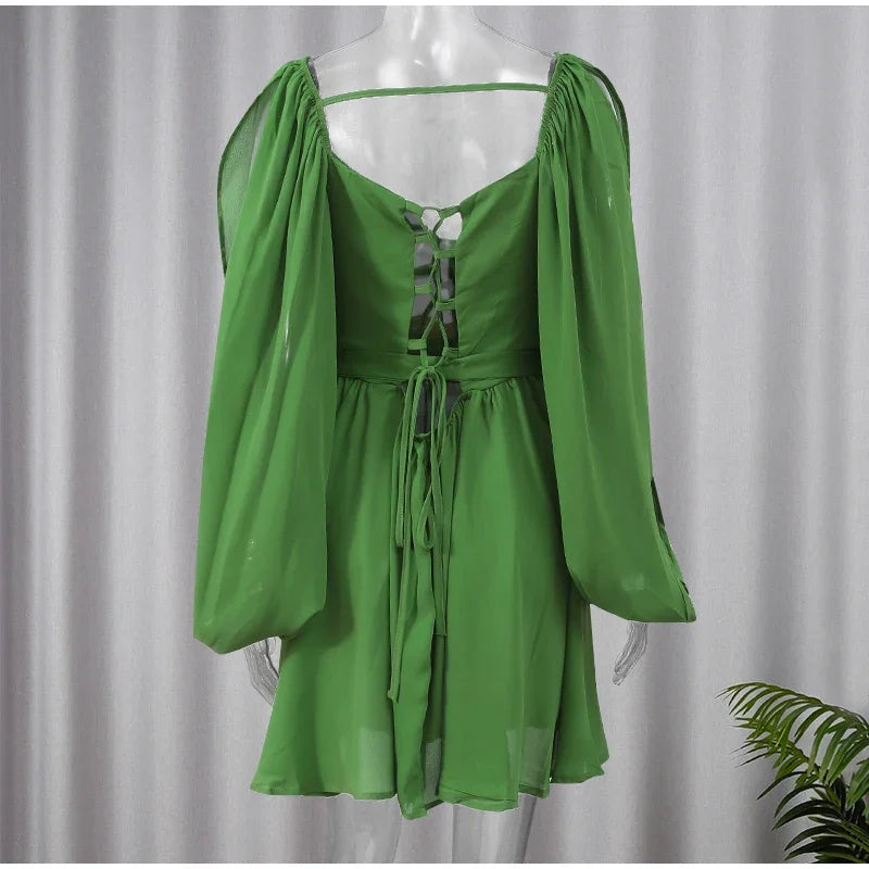 Moda Feminina Chiffon Plissado Lace Up Cintura Alta Mini Vestido Chic Verde Oco Out Manga Cheia A Linha de Vestidos Senhora Vestes de Praia