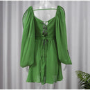 Moda Feminina Chiffon Plissado Lace Up Cintura Alta Mini Vestido Chic Verde Oco Out Manga Cheia A Linha de Vestidos Senhora Vestes de Praia