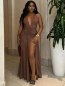 Laxsesu Deep V-Neck Halter Vestido Mulher Verão Babados Splits Backless Elegante Patchwork Sólido Festa Coquete Sexy Vestidos