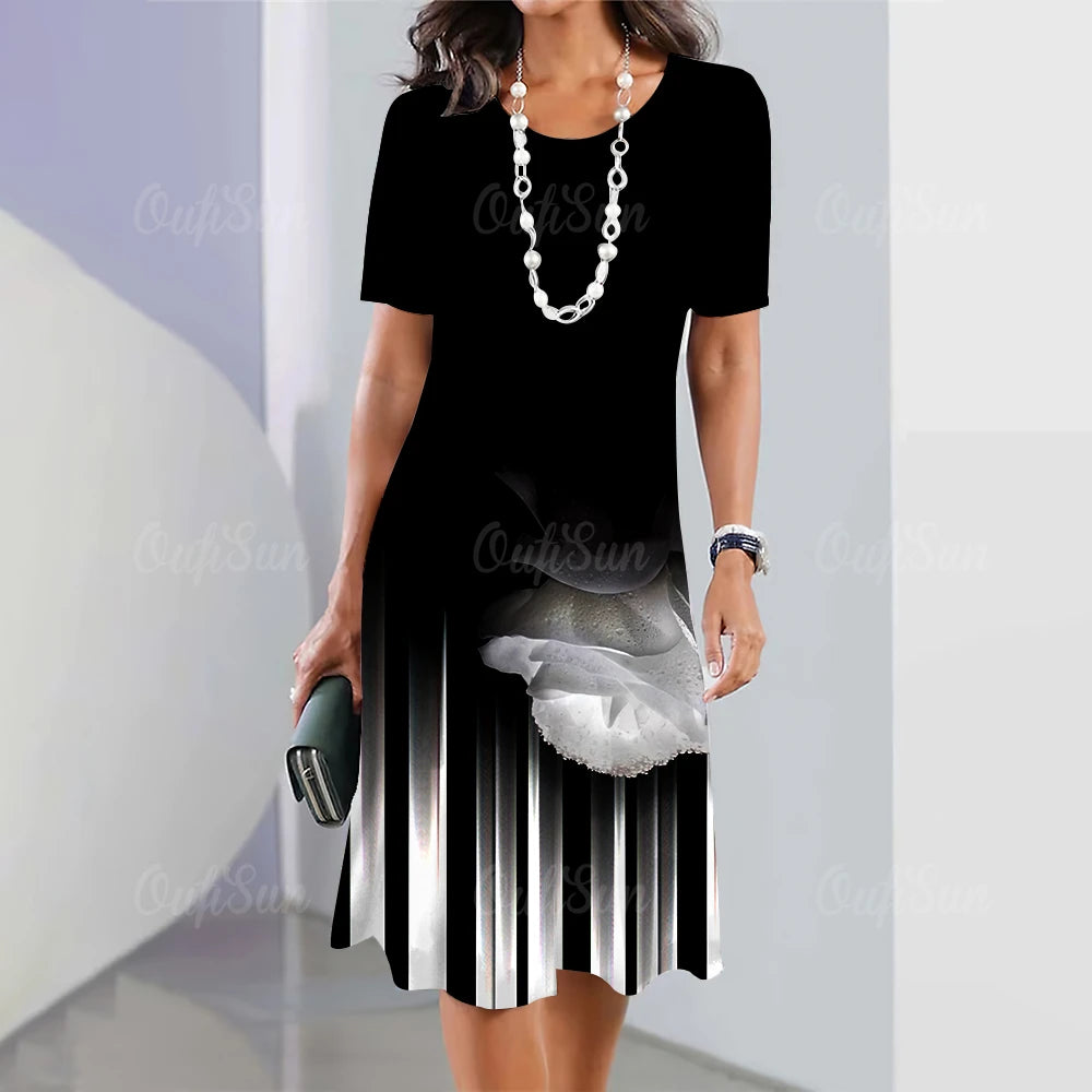Moda Listrada Mulher Roupas Vestidos Simplicidade Imprimir Manga Curta Vestido Feminino Elegante Preto Feminino Vestido Longo Pulôver 2024