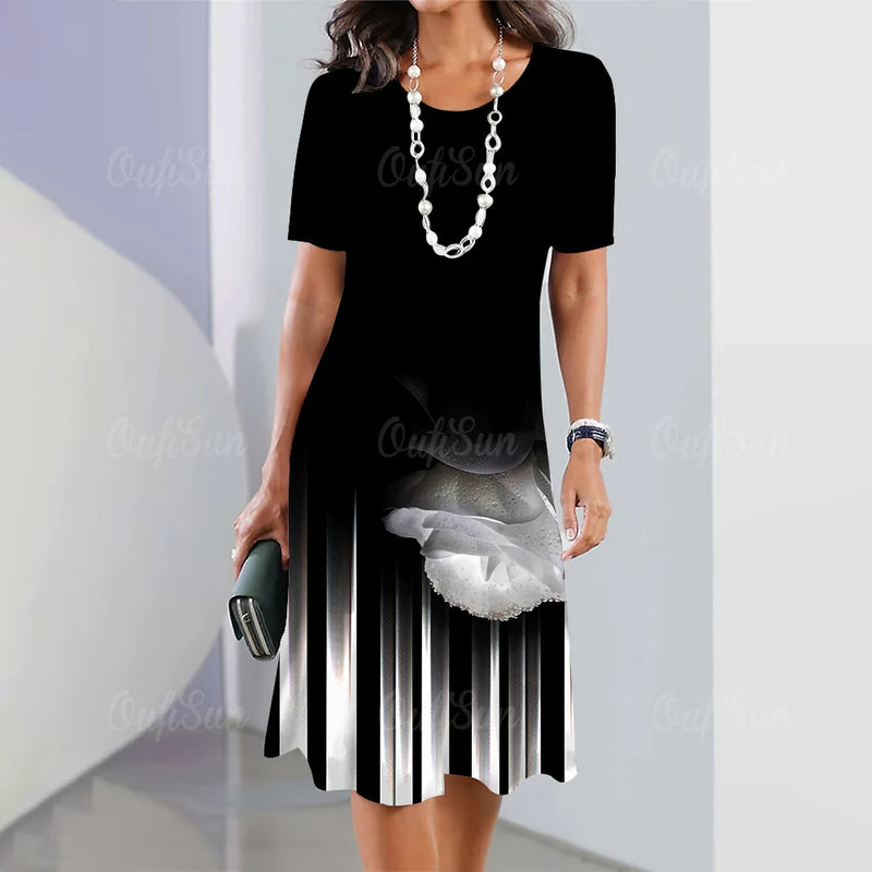 Moda Listrada Mulher Roupas Vestidos Simplicidade Imprimir Manga Curta Vestido Feminino Elegante Preto Feminino Vestido Longo Pulôver 2024
