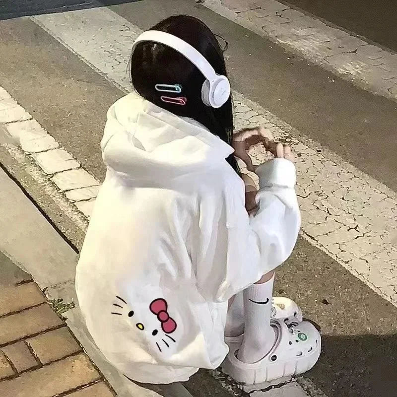 Sanrio Anime Bonito Impresso Hoodies Mulheres Dos Desenhos Animados Hello Kitty Y2k Estudantes Coreanos Moletom Solto Moda Doce Cardigan Roupas