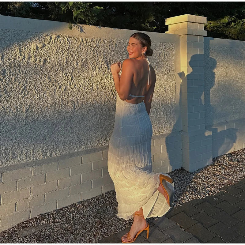 Elegante Plissado Halter Vestidos Longos Mulheres Retro Sexy Slim Sem Mangas Sem Encosto Vestido de Praia Feminino Chic Party Holiday Vestidos