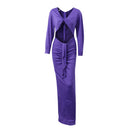 Vestido Maxi Fino Roxo Oco Out Mulheres Elegante Decote Em V Profundo Plissado Manga Cheia Vestidos Longos 2024 Vestes De Festa Da Senhora Da Moda