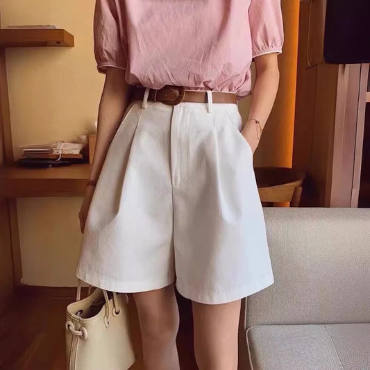 2024 Shorts de perna larga de verão para mulheres cintura alta casual algodão jeans calças curtas com cinto Shorts femininos coreanos da linha A da menina