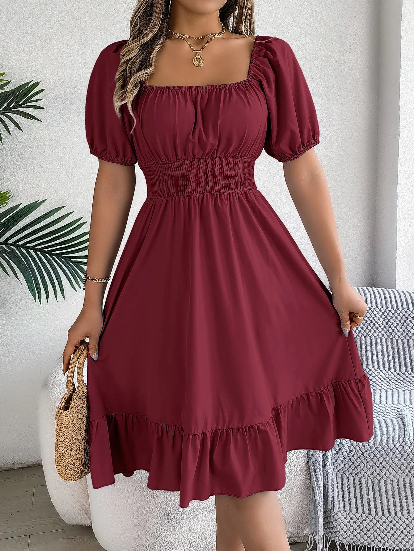 Mulheres Vestidos Pequenos 2024 Verão Casual Decote Quadrado Manga Curta Cintura Vestido de Borda com Babado Mulheres Elegante