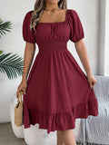 Mulheres Vestidos Pequenos 2024 Verão Casual Decote Quadrado Manga Curta Cintura Vestido de Borda com Babado Mulheres Elegante