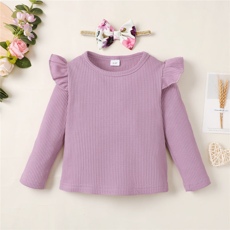 1-5 anos Kids Girl Conjunto de roupas de manga comprida Camisa com nervuras de cor sólida + calças florais + faixa de cabeça Outono 3PCS Outfit para menina da criança
