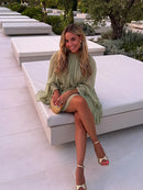 Mulheres elegantes verde irregular babados soltos mini vestido moda o pescoço manga cheia vestidos curtos primavera verão chique vestidos de senhora