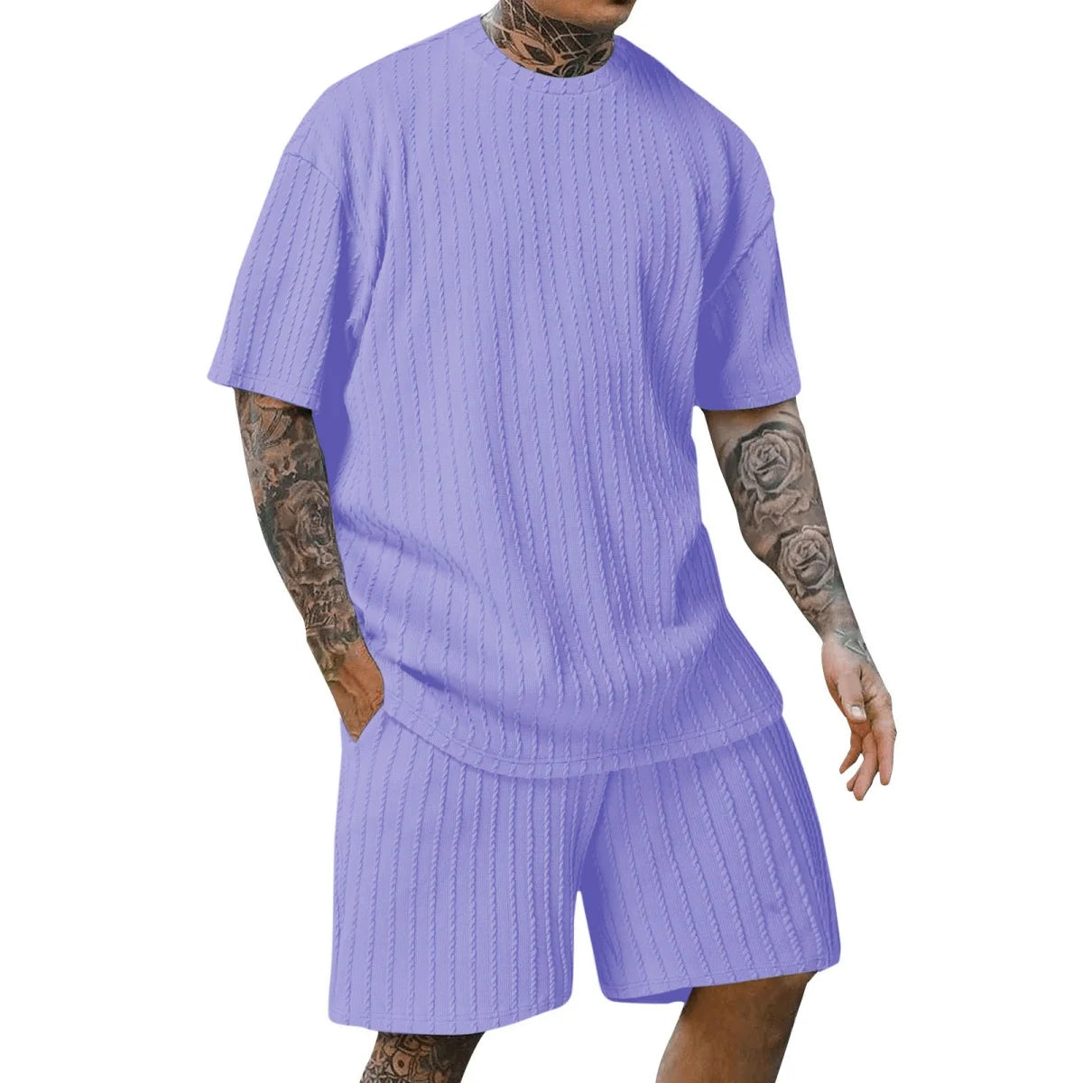 Nova moda masculina esportes de verão cor sólida gola vertical listra T-shirt shorts terno de manga curta
