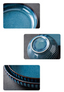 Pratos de cerâmica vitrificada em forno azul, pratos de jantar para micro-ondas, tigelas de salada de arroz redondas, talheres domésticos