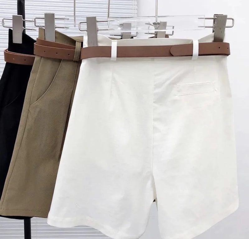 2024 Shorts de perna larga de verão para mulheres cintura alta casual algodão jeans calças curtas com cinto Shorts femininos coreanos da linha A da menina