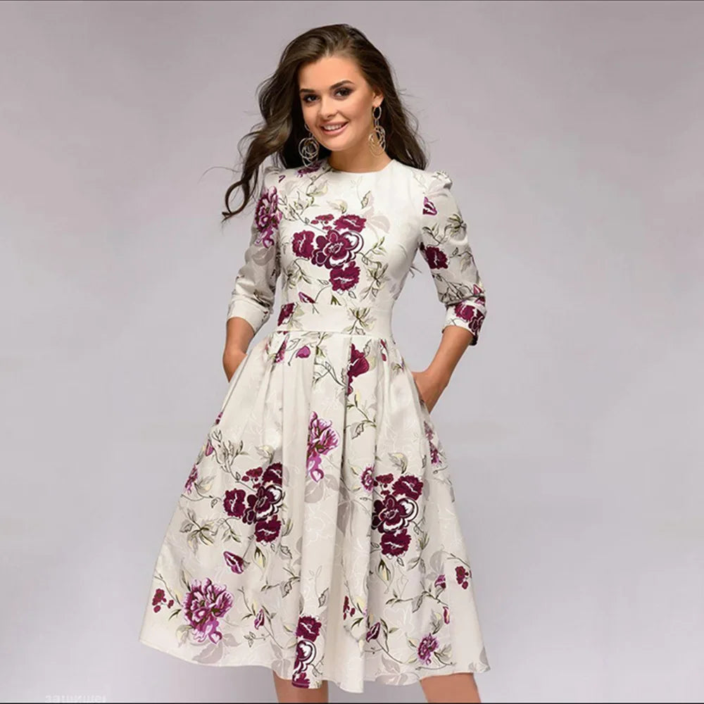 Novo estilo europeu de roupas femininas sete-oitavo manga impresso A linha de babados vestido em estoque várias cores opções de tamanho
