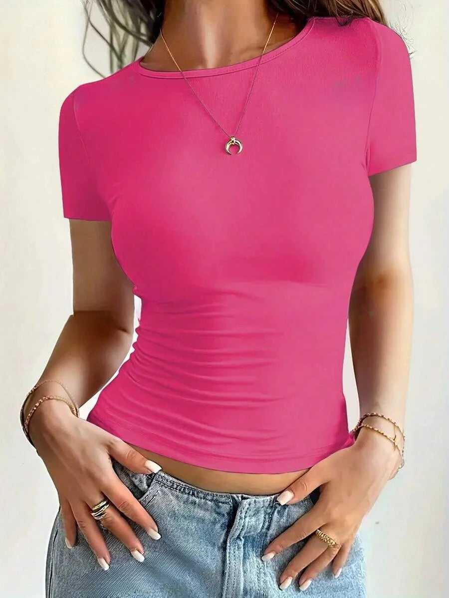 Camisetas Femininas Básicas Decote Redondo Manga Curta Tops Curtos Tops Fofos de Verão Camisetas Slim Fit Y2k Roupas 2024
