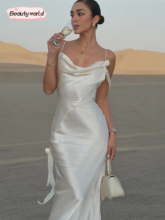 Sexy fita branca de seda cetim estilingue vestido para as mulheres elegante swing colarinho backless vestidos longos 2025 mulheres novo praia férias robe