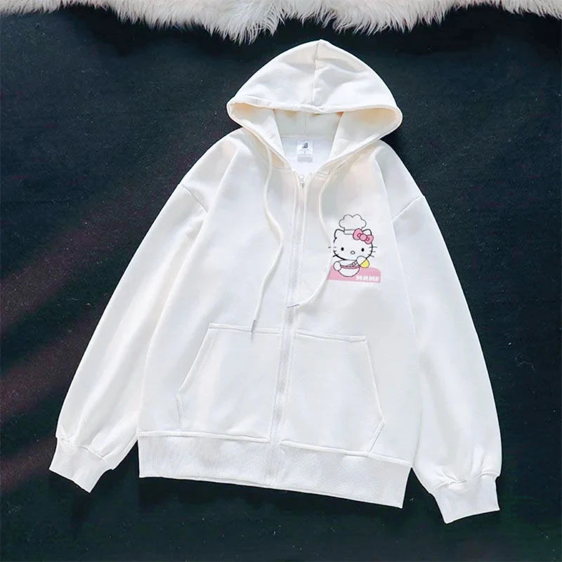 Sanrio Anime Bonito Impresso Hoodies Mulheres Dos Desenhos Animados Hello Kitty Y2k Estudantes Coreanos Moletom Solto Moda Doce Cardigan Roupas